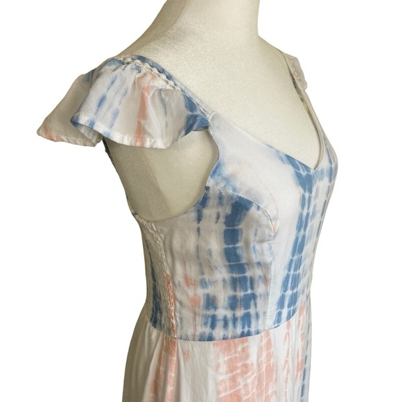 JAPNA Tie Dye Smocked Crochet Maxi Dress Ruffled Cap Sleeves White/Blue/Pink M - Picture 5 of 15